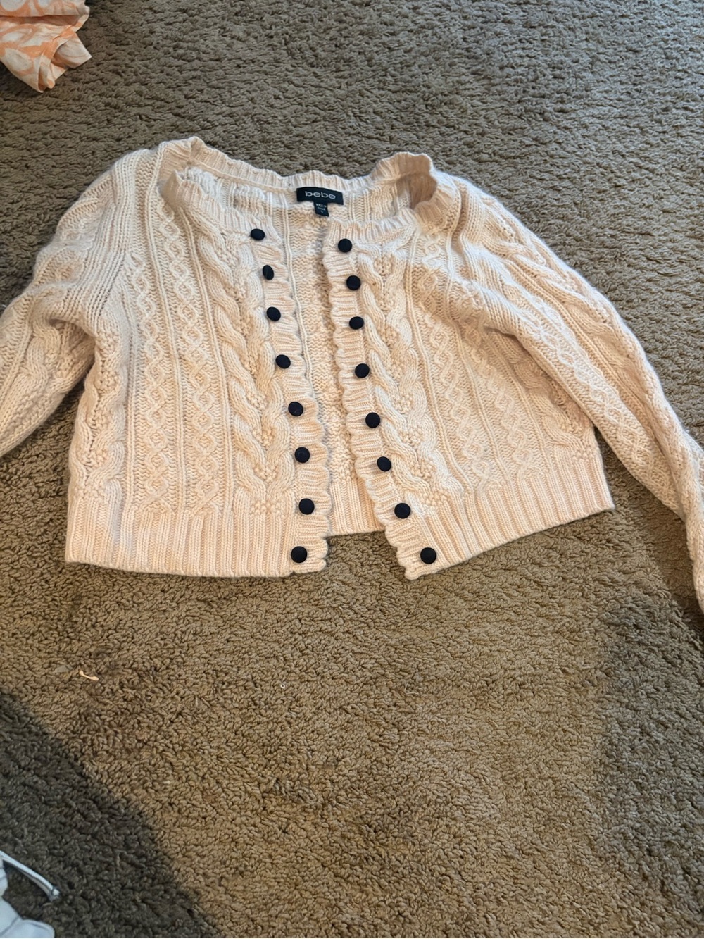 bebe Cream Cable Knit Cardigan with Black Buttons